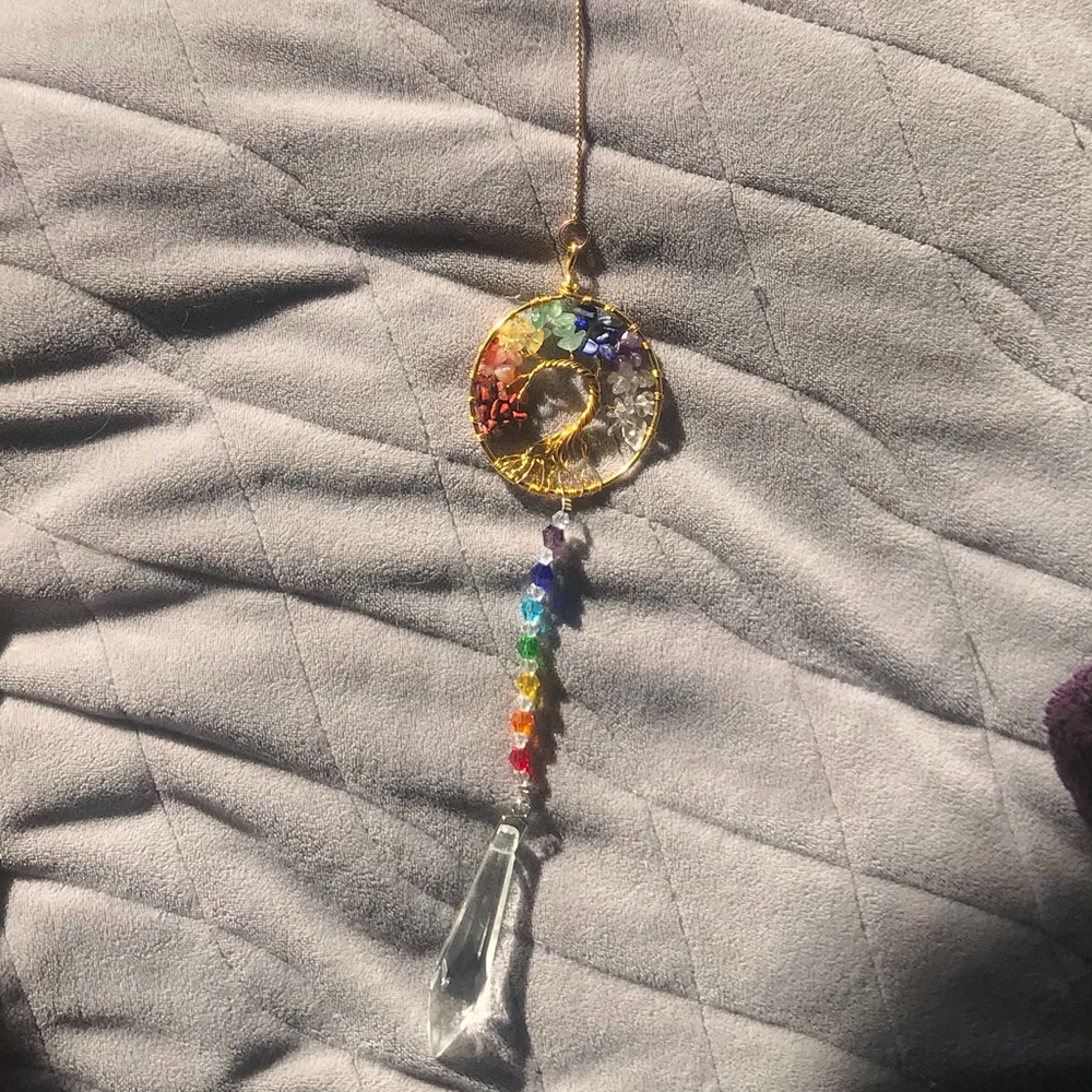 Tree of Life Wire Wrap made with natural chip gem stones and color pendulum